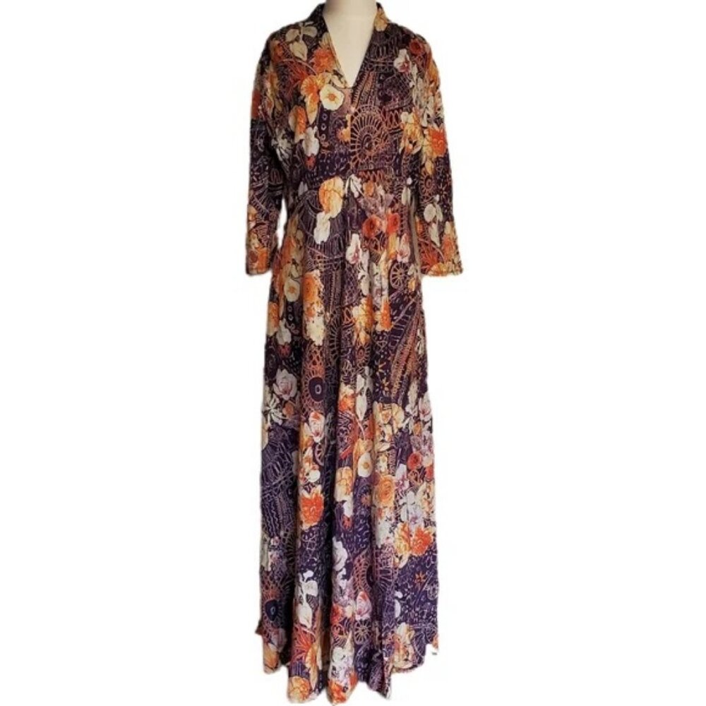 Soft Surroundings Floral Maxi Dress - Dark Blue, Orange, and Cream